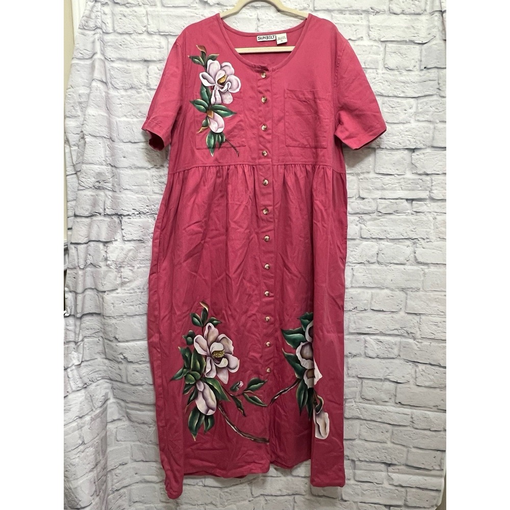 VTG Sunbelt Shirt Dress Womens XL Red Hand Painted Magnolia Button Up USA Cotton